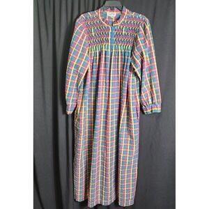Vintage Saybury Rainbow Plaid Smocked House Coat Zip Front Robe Maxi XL Granny